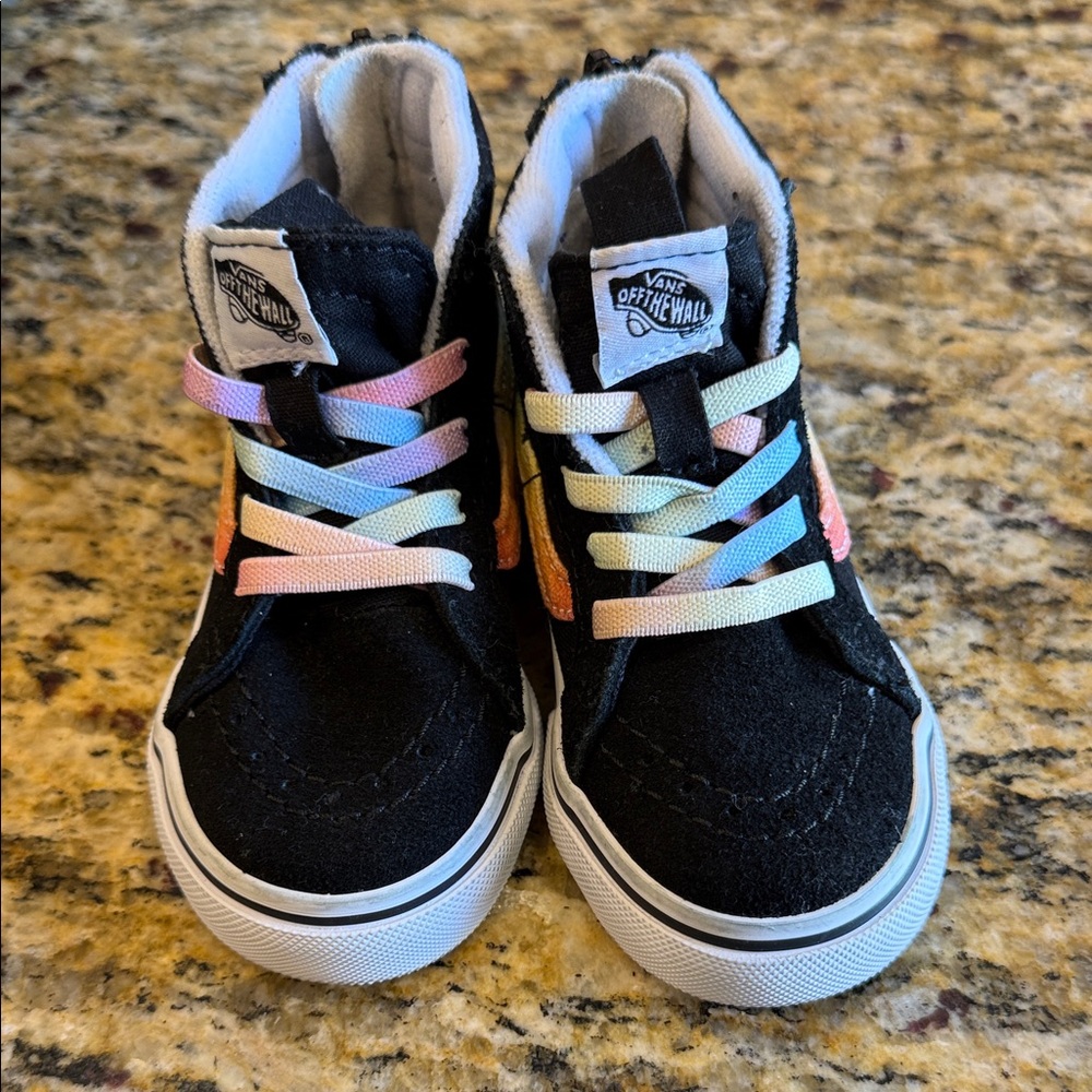 Kids Black High-Top Sneakers with Pastel Rainbow Laces